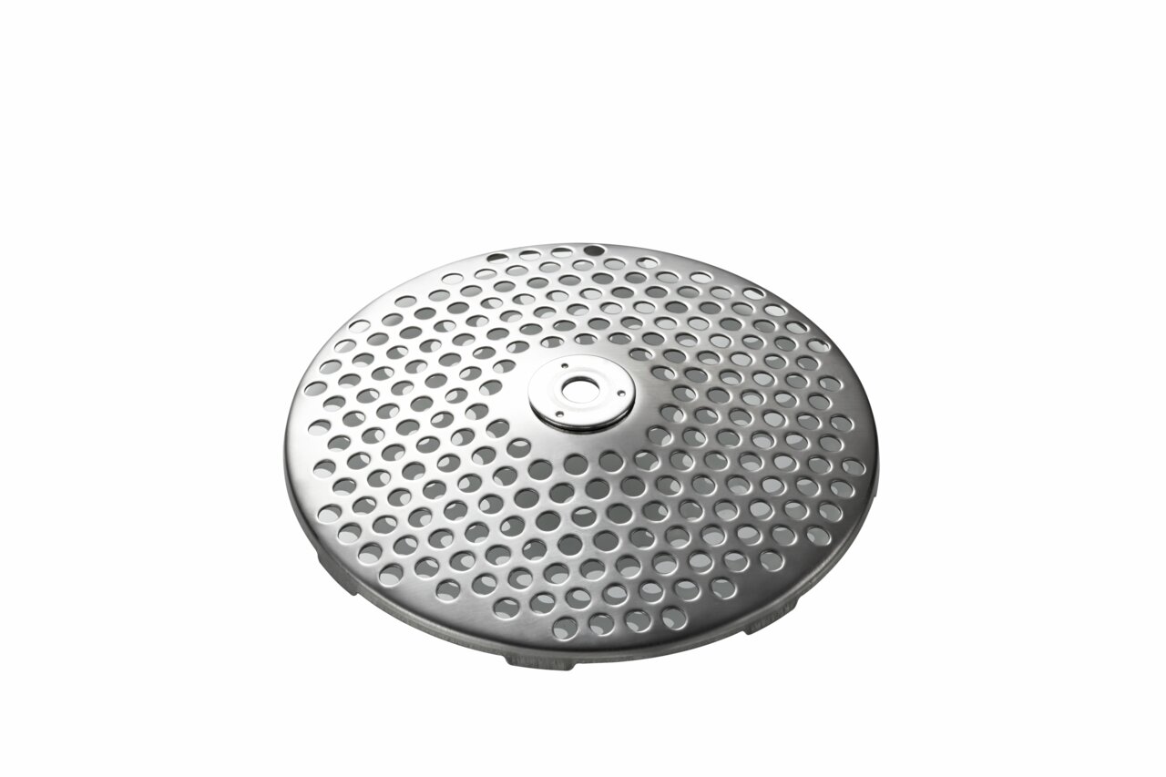 Metalen schijf met veel gaten, gezien van bovenaf.