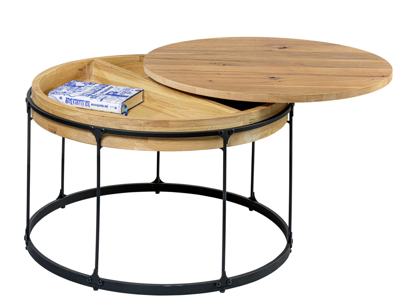 Runder Couchtisch aus Holz mit schwarzem Metallgestell, teilweise geöffnete Tischplatte mit Stauraum darunter, seitliche Perspektive.