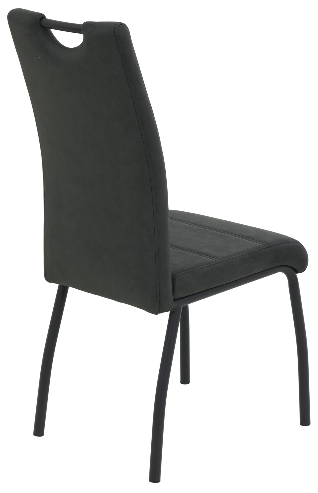 Achterkant van een moderne, zwarte stoel met een gestoffeerde rugleuning en metalen poten.
