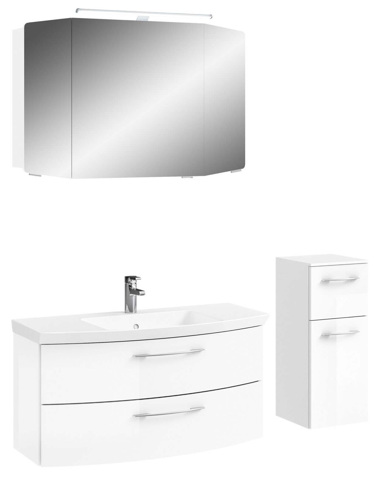 Moderne Badkombination mit Spiegelschrank, Waschbeckenunterschrank und Hochschrank in weißer Hochglanzoptik, frontale Ansicht.