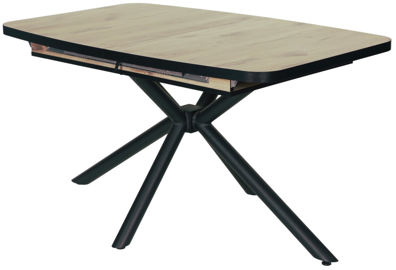 Moderner Esstisch mit Holzplatte und schwarzem Metallgestell, seitliche Perspektive