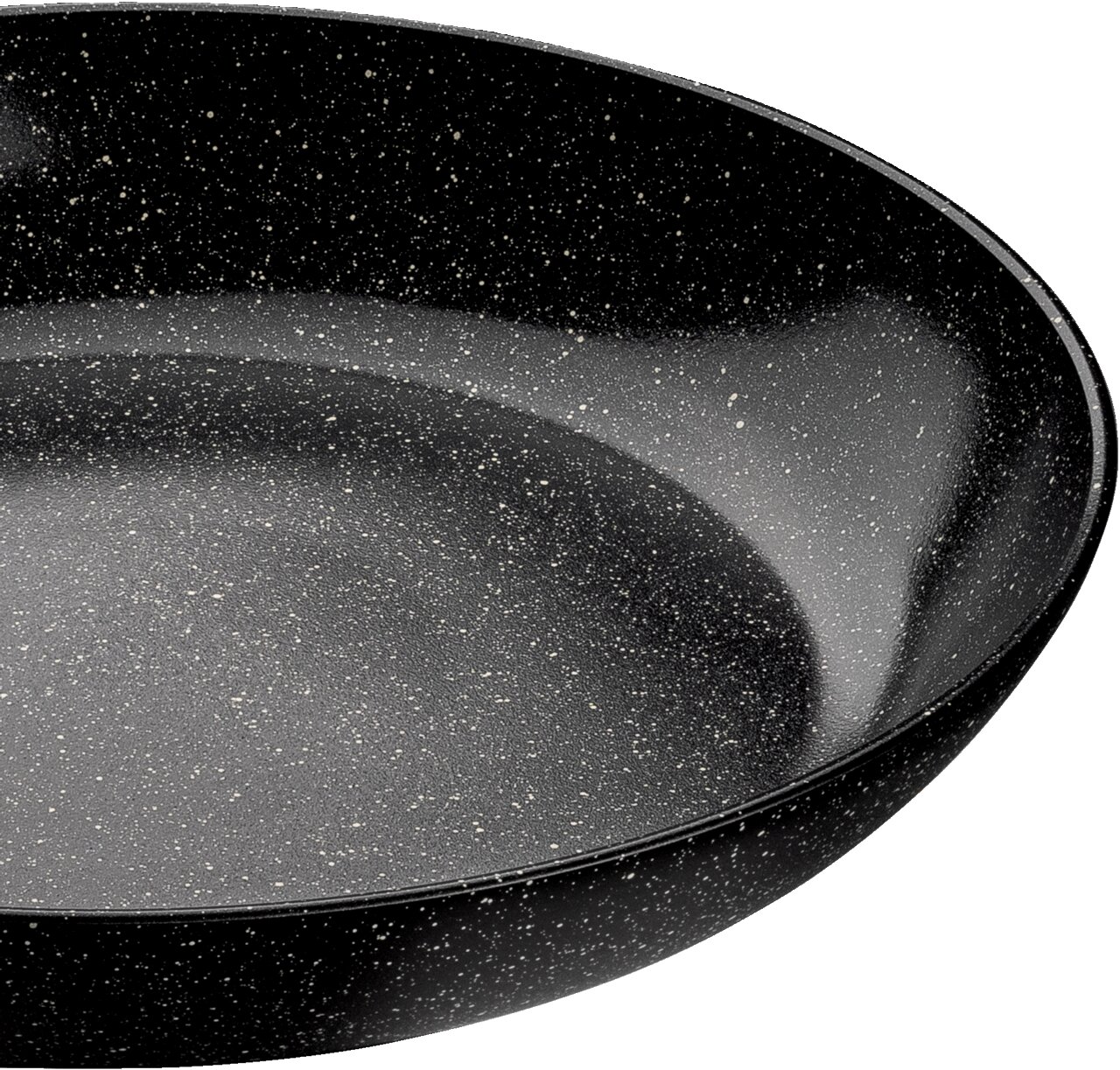Nahaufnahme einer schwarzen Bratpfanne mit 32 cm Durchmesser und gesprenkelter Oberfläche.