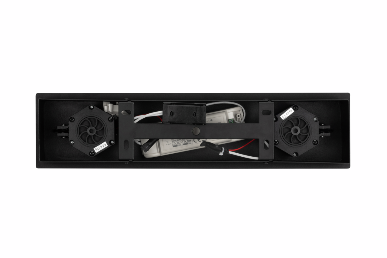 Ansicht von unten auf die LED-Hängeleuchte mit sichtbaren elektrischen Komponenten und Lüftern.