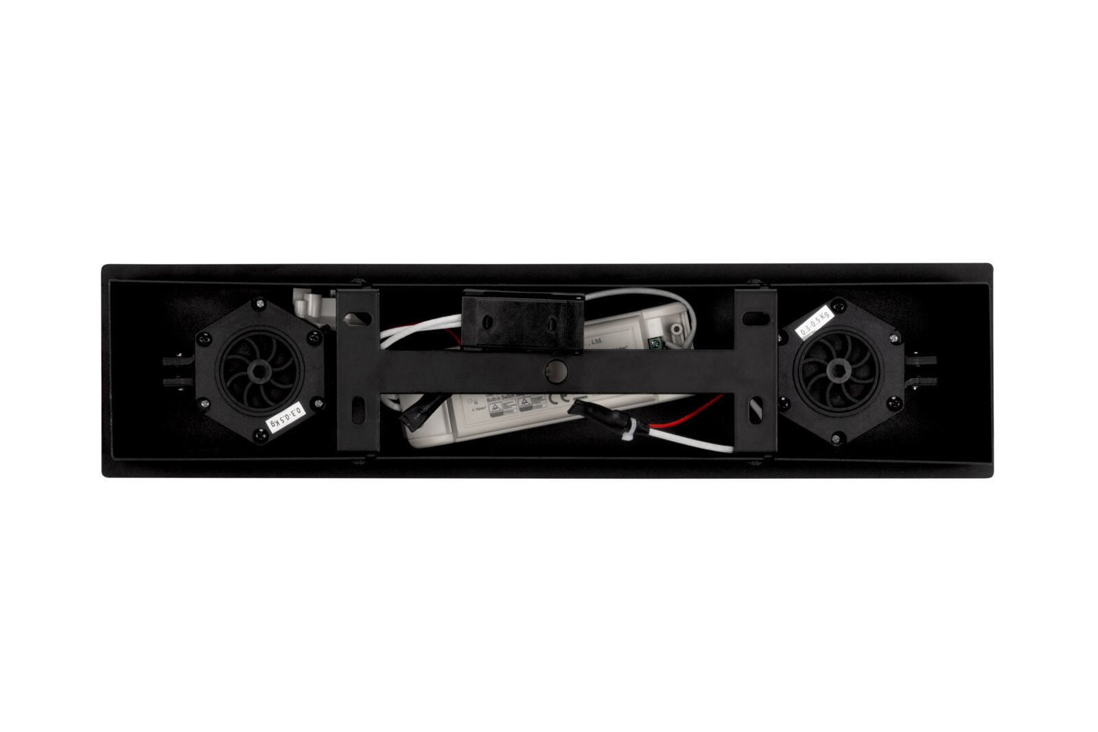 Onderaanzicht van de led-hanglamp met zichtbare elektrische onderdelen en ventilatoren.