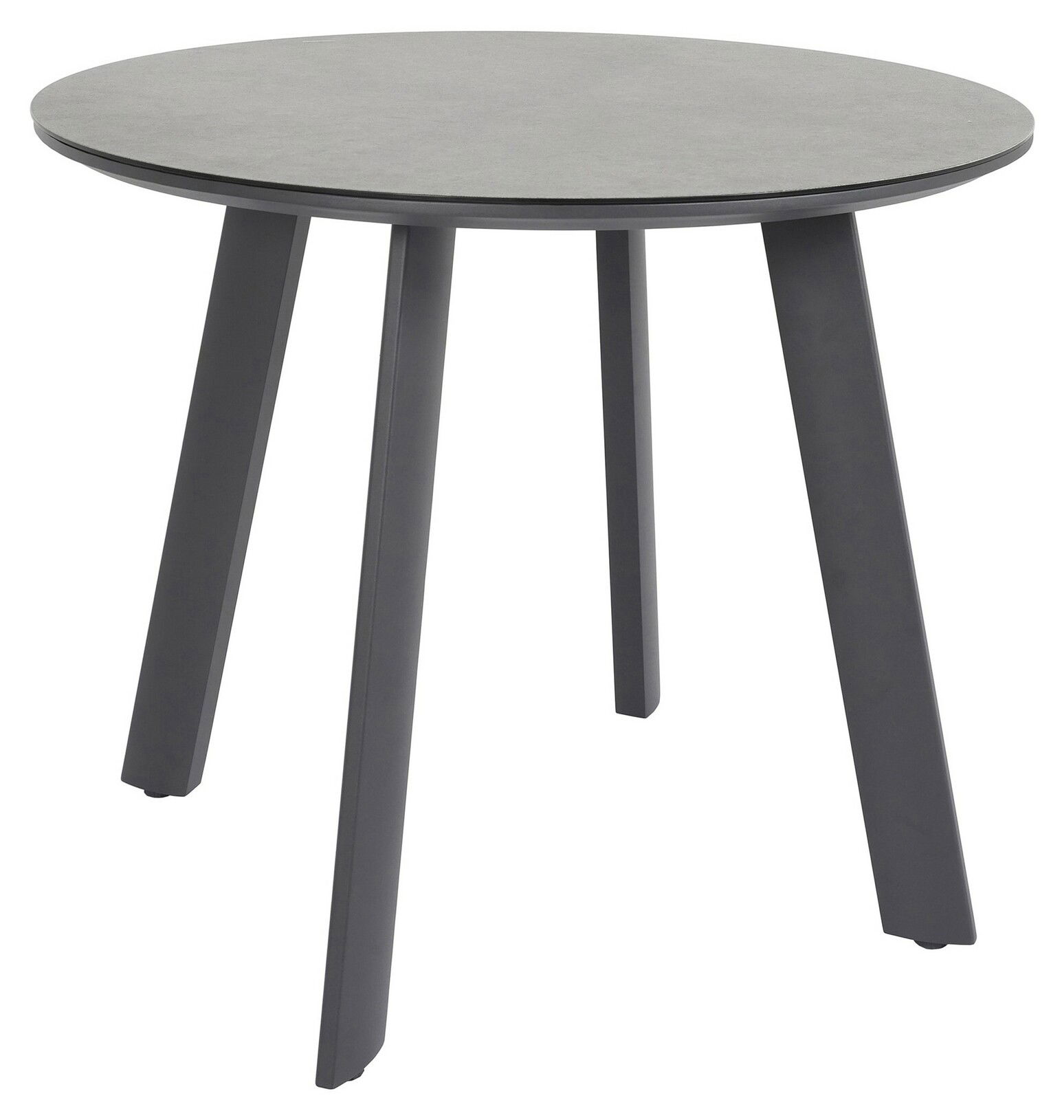 Runder Gartentisch mit grauer Tischplatte und vier schrägen Beinen, seitliche Perspektive