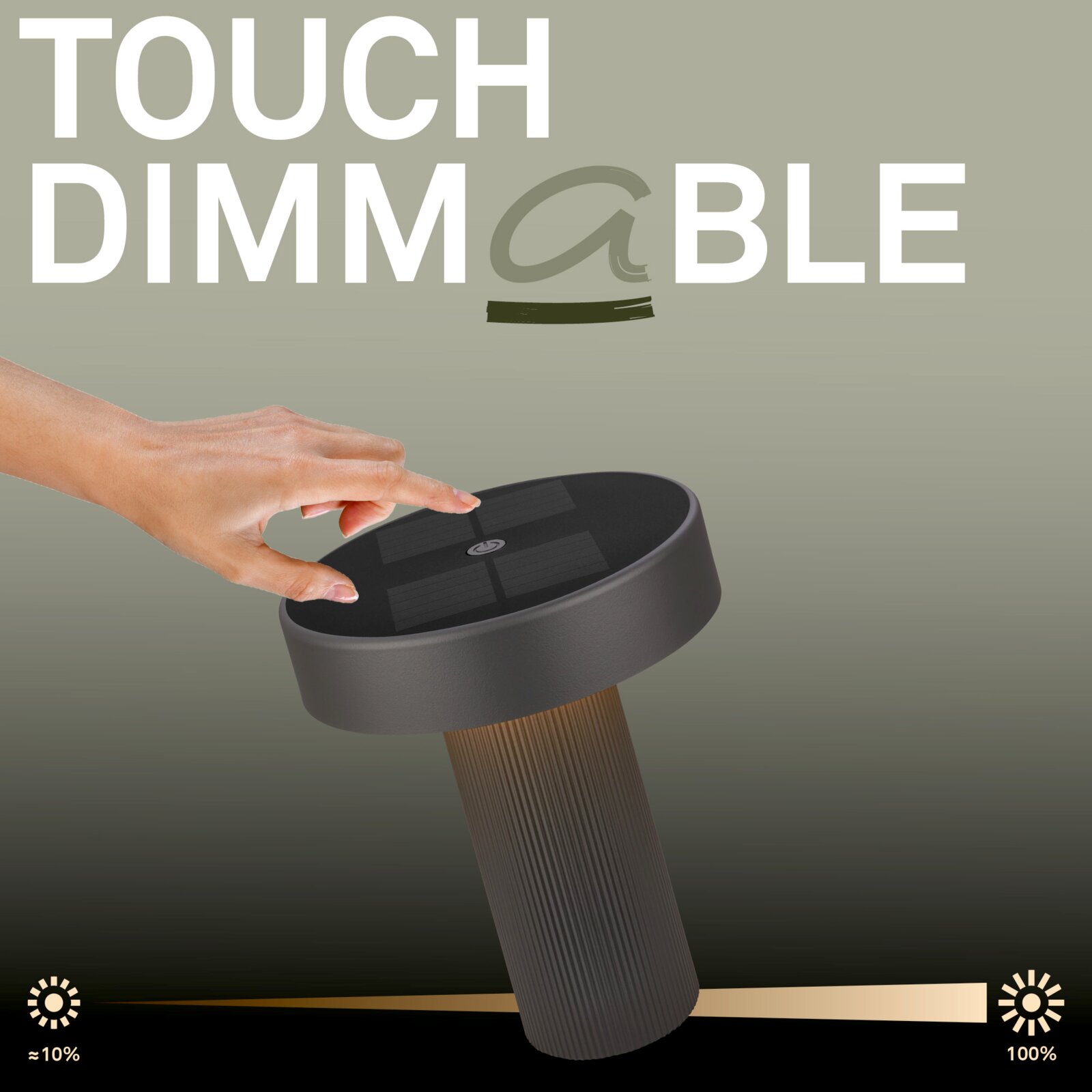 Touch-dimbare tuinlamp op zonne-energie met bediening via aanraking aan de bovenkant, schuin van bovenaf in close-up weergegeven, met een helderheidsschaal van ca. 10% tot 100%.