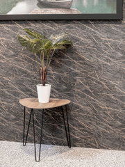 Kleiner Beistelltisch mit heller Holzplatte und schwarzen Hairpin-Beinen, darauf eine grüne Zimmerpflanze im weißen Topf; Aufnahme in leichter Schrägansicht von vorne.