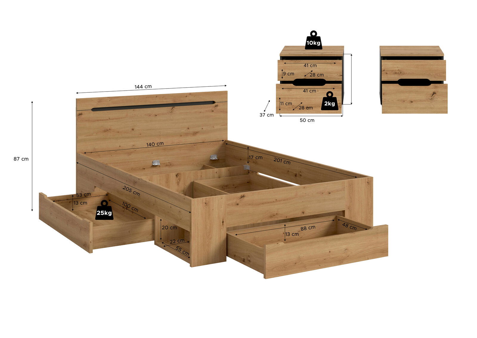 Holzbett in Eiche-Optik mit hohem Kopfteil und zwei ausziehbaren Bettkästen, dargestellt in schräger Frontansicht mit Maßangaben (ca. 205 x 140 cm Liegefläche, Kopfteilhöhe ca. 87 cm) sowie Detailansicht eines Nachttischs mit zwei Schubladen.