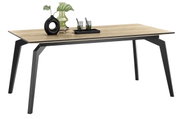 Moderne eettafel met houten blad en zwarte metalen poten, zijaanzicht