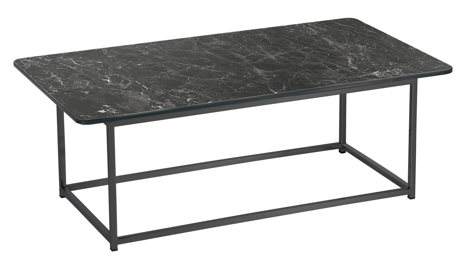 Moderner Couchtisch mit schwarzer Marmoroptik und Metallgestell, seitliche Perspektive