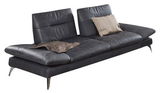 Modernes, zweisitziges Sofa in dunklem Leder mit zwei Kissen, seitliche Perspektive