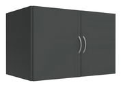Grauer Hängeschrank mit zwei Türen und silbernen Griffen, seitliche Perspektive