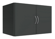Grauer Hängeschrank mit zwei Türen und silbernen Griffen, seitliche Perspektive