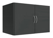 Grauer Hängeschrank mit zwei Türen und silbernen Griffen, seitliche Perspektive