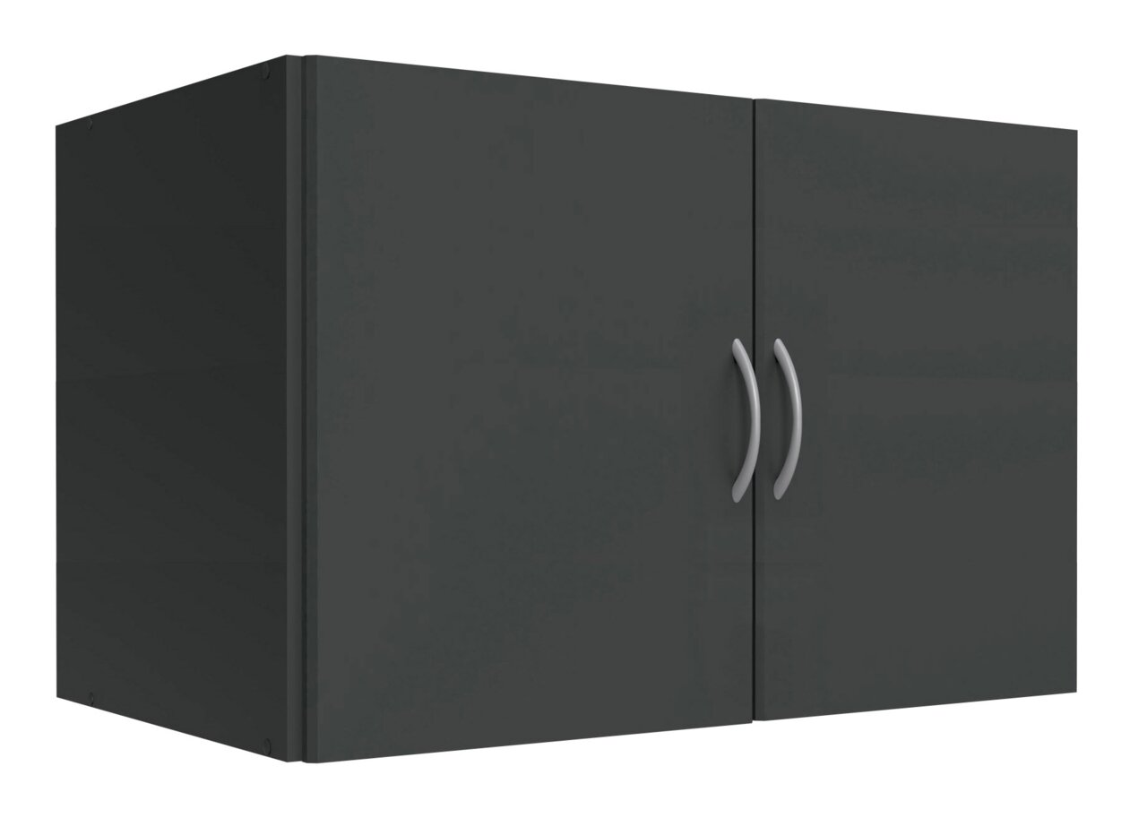 Grauer Hängeschrank mit zwei Türen und silbernen Griffen, seitliche Perspektive