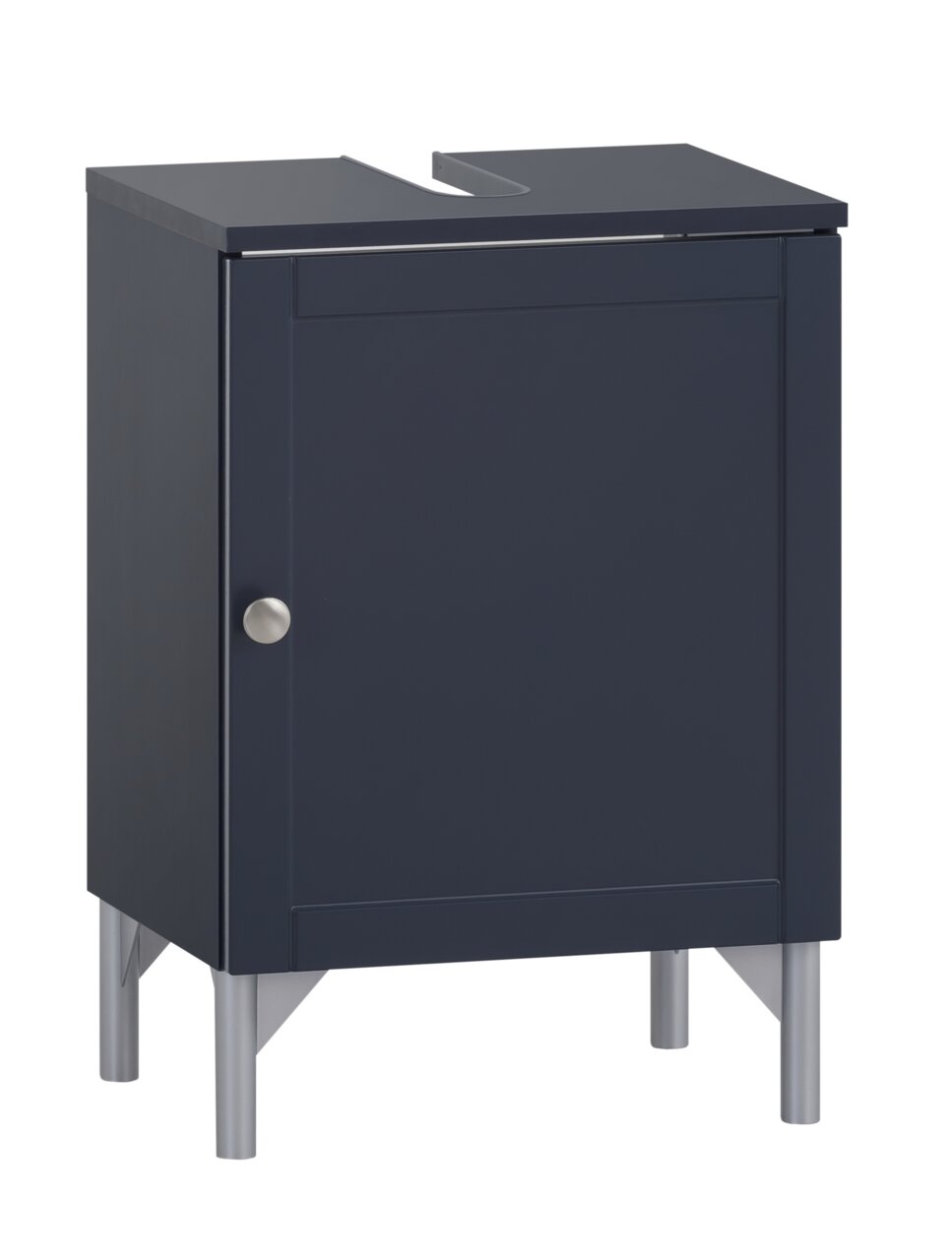 Stylife Waschbeckenunterschrank JESPER Moderner Waschbeckenunterschrank in dunklem Blau mit silbernen Beinen, Frontalansicht