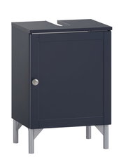 Moderner Waschbeckenunterschrank in dunklem Blau mit silbernen Beinen, Frontalansicht
