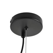 Schwarze Deckenhalterung einer Hängeleuchte aus der Unteransicht mit Kabel und Drahtseil.