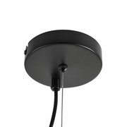 Schwarze Deckenhalterung einer Hängeleuchte aus der Unteransicht mit Kabel und Drahtseil.