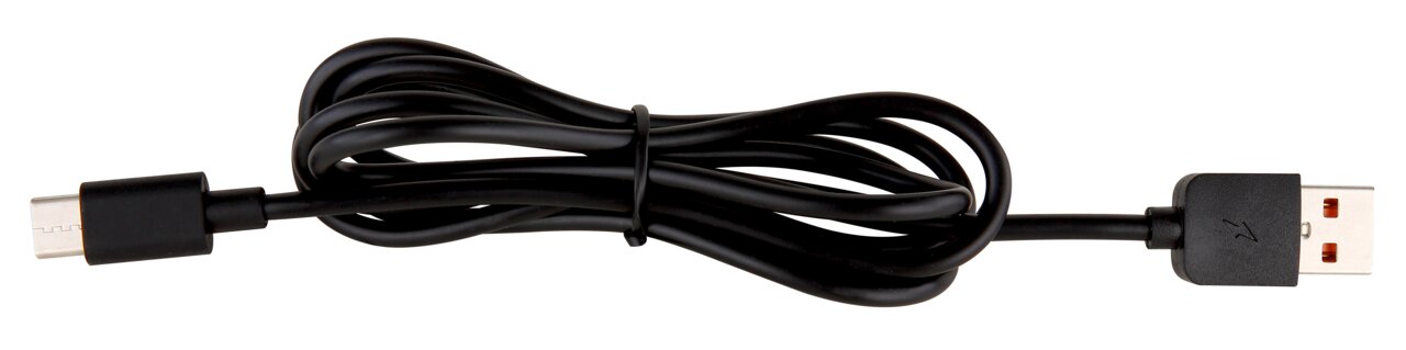 Zwarte USB-kabel met USB-A- en USB-C-stekker, gefotografeerd van bovenaf.
