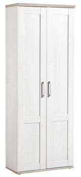 Weißer Garderobenschrank mit zwei Türen und silbernen Griffen, seitliche Perspektive