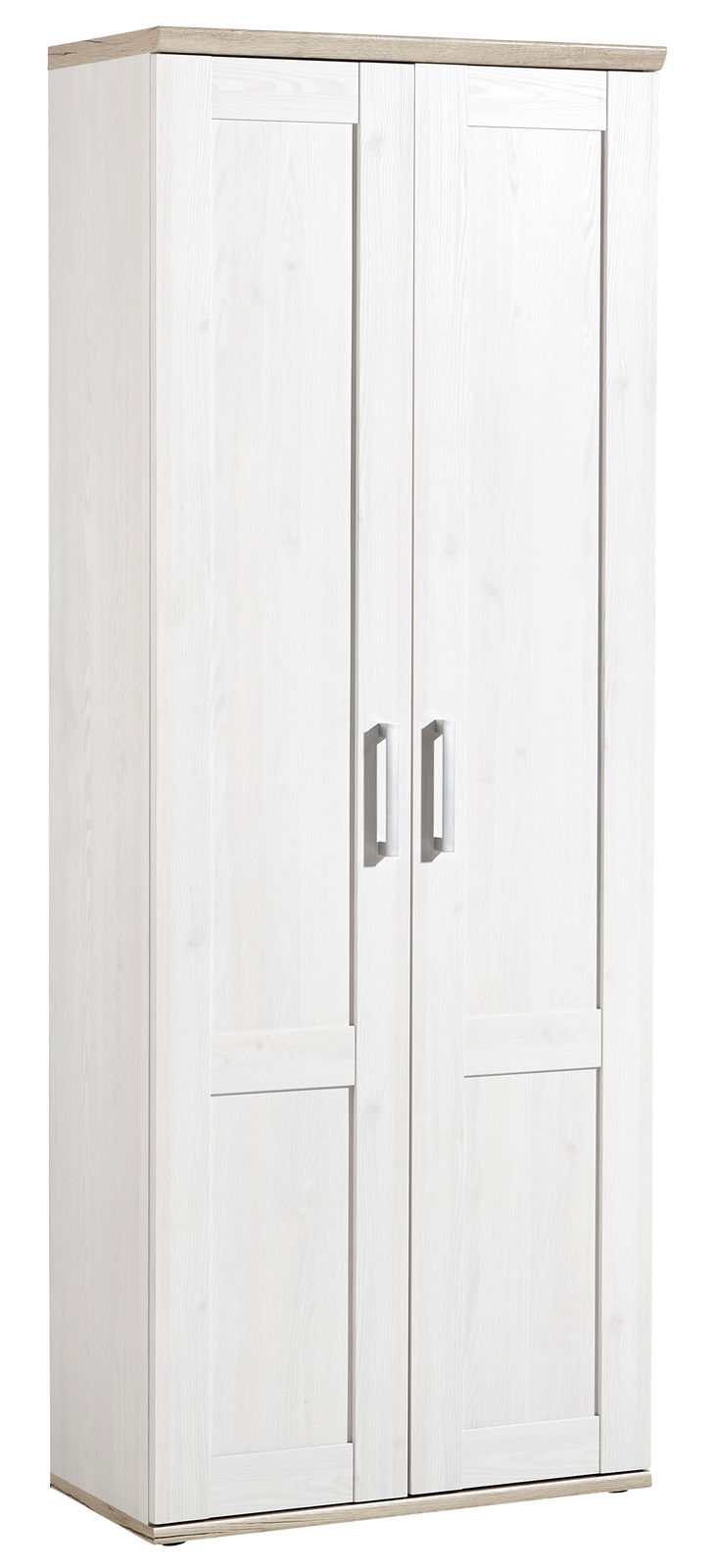 Landscape Garderobenschrank SORTLAND Weißer Garderobenschrank mit zwei Türen und silbernen Griffen, seitliche Perspektive