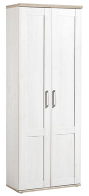 Weißer Garderobenschrank mit zwei Türen und silbernen Griffen, seitliche Perspektive