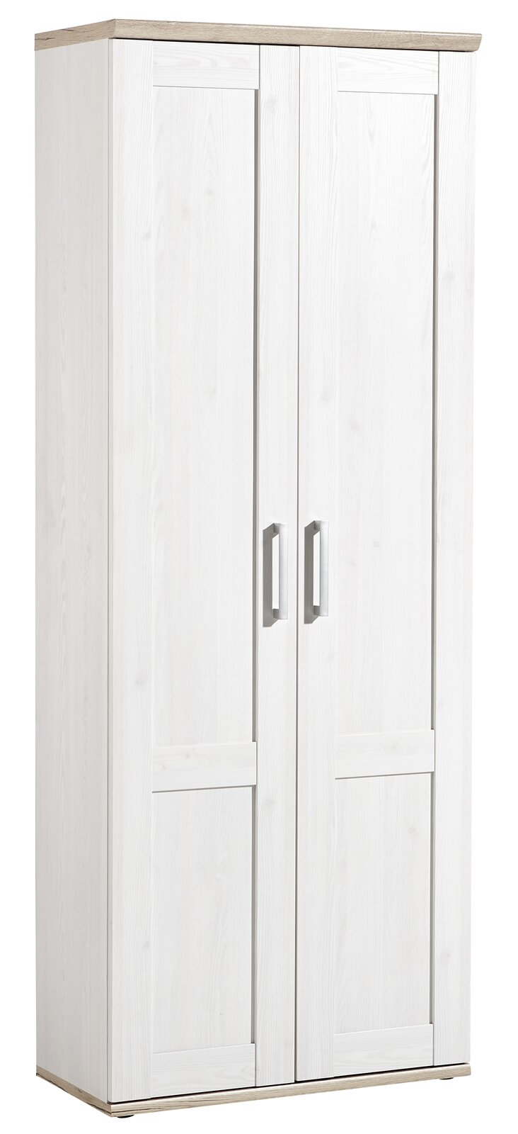 Weißer Garderobenschrank mit zwei Türen und silbernen Griffen, seitliche Perspektive