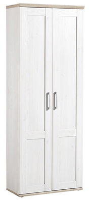 Weißer Garderobenschrank mit zwei Türen und silbernen Griffen, seitliche Perspektive