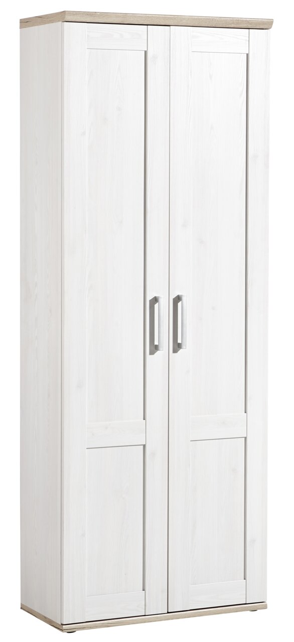 Weißer Garderobenschrank mit zwei Türen und silbernen Griffen, seitliche Perspektive