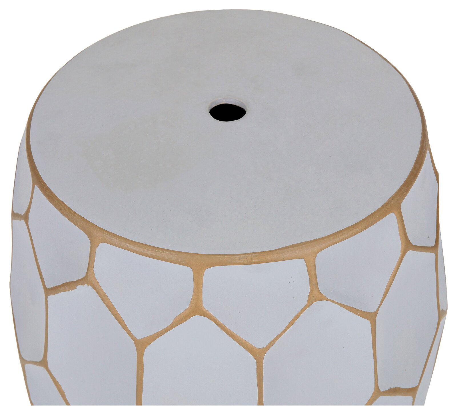 Runder Lampenschirm aus weißem Glas mit goldfarbenem Mosaikmuster und zentraler Öffnung, Ansicht schräg von oben