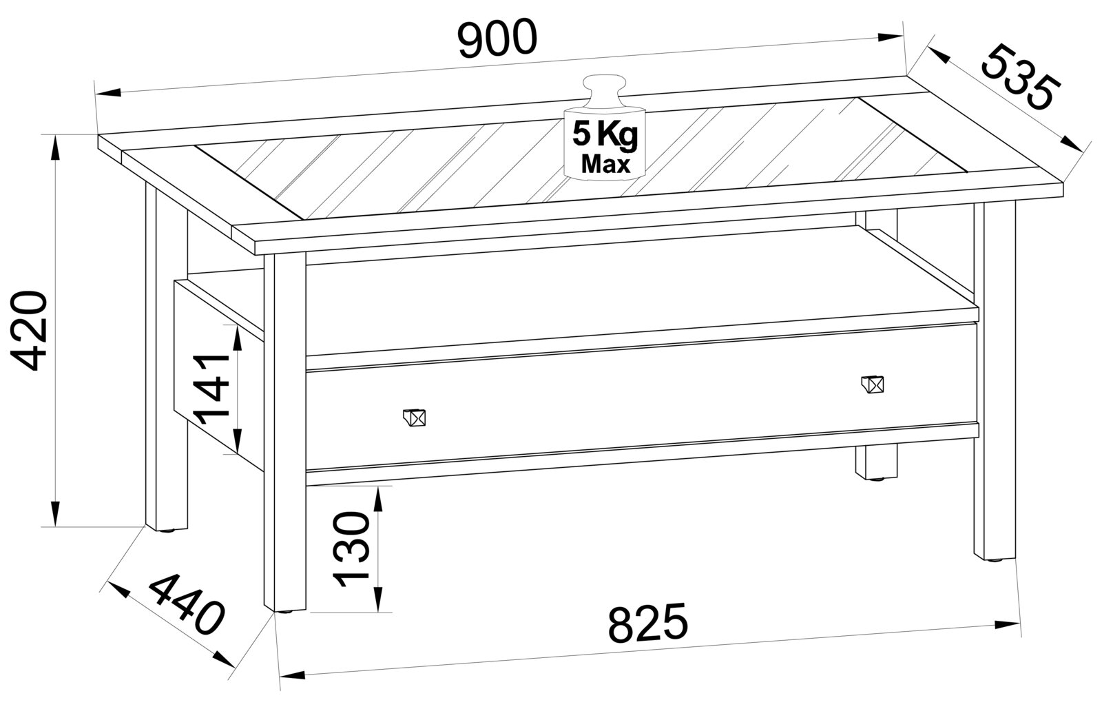 Technische Strichzeichnung eines rechteckigen Couchtischs mit Ablagefach und Schublade, Maße ca. 900 x 535 x 420 mm, max. 5 kg Belastung auf der Tischplatte, dargestellt in schräger 3D-Perspektive von vorne oben.
