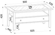 Technische Strichzeichnung eines rechteckigen Couchtischs mit Ablagefach und Schublade, Maße ca. 900 x 535 x 420 mm, max. 5 kg Belastung auf der Tischplatte, dargestellt in schräger 3D-Perspektive von vorne oben.
