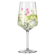 Wijnglas met bloemmotief en ijsblokjes, zijaanzicht