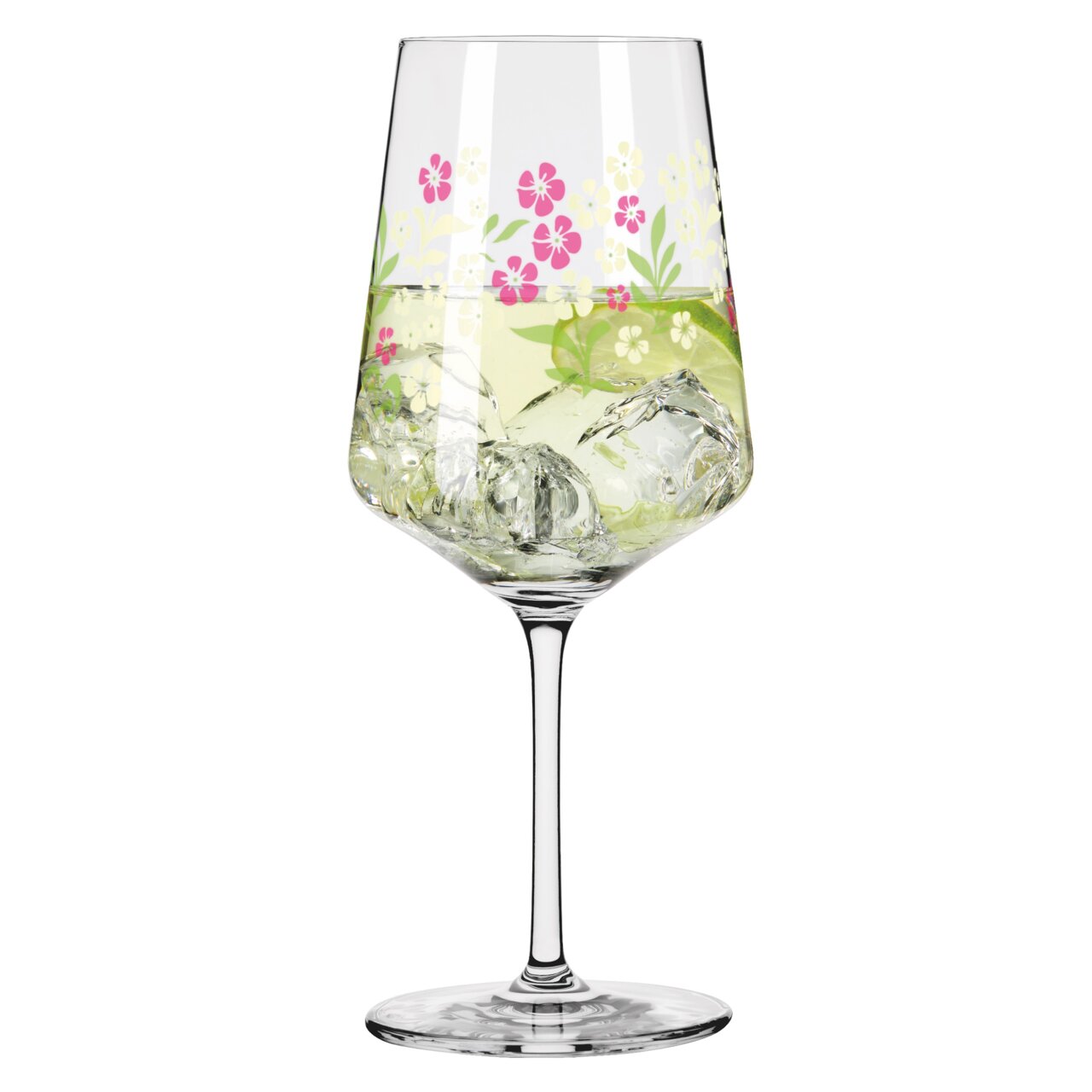 Wijnglas met bloemmotief en ijsblokjes, zijaanzicht