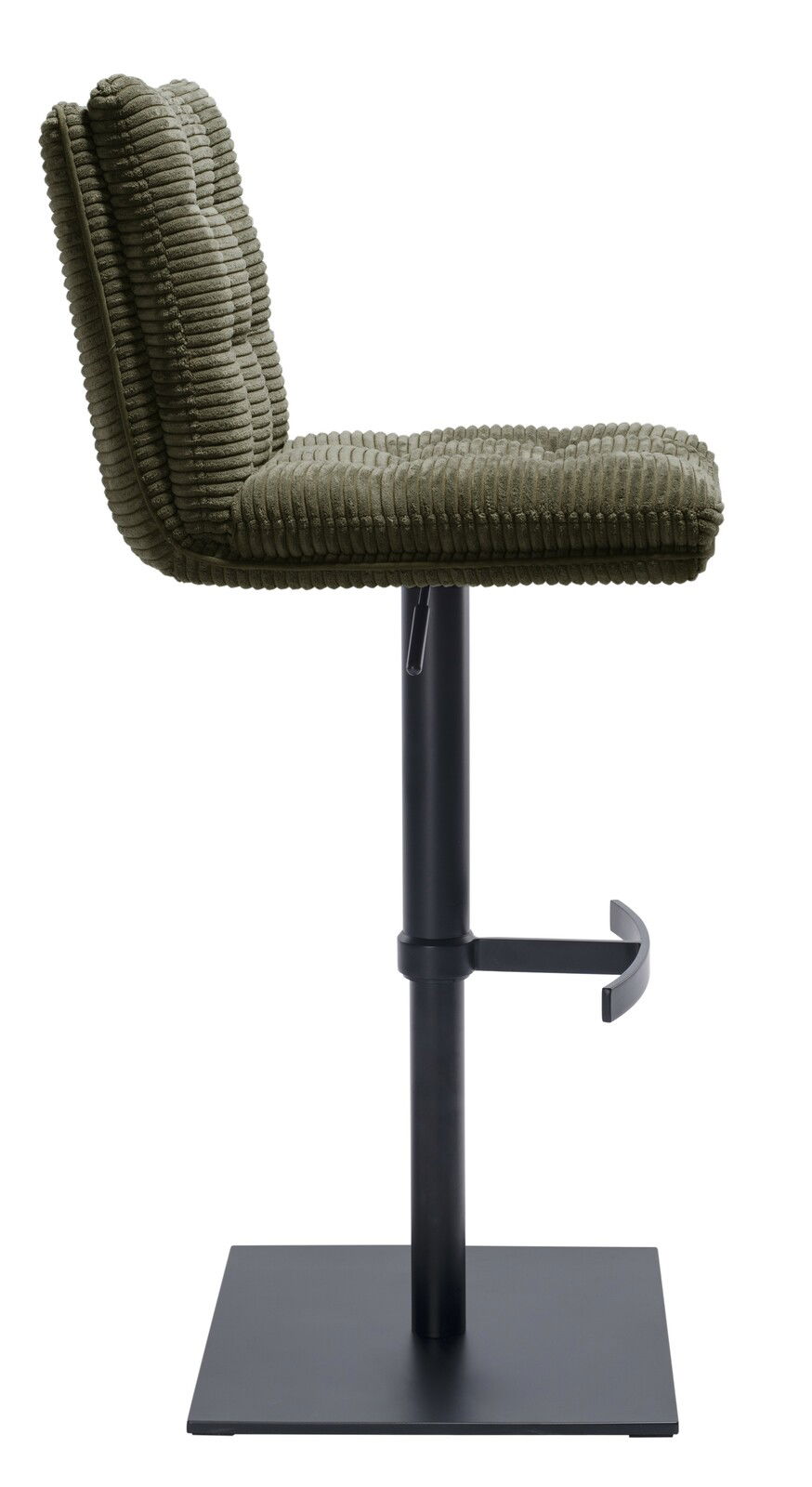 Stylife Barhocker POLLY Seitenansicht eines Barhockers mit grünem, geripptem Polster und schwarzem Metallgestell.