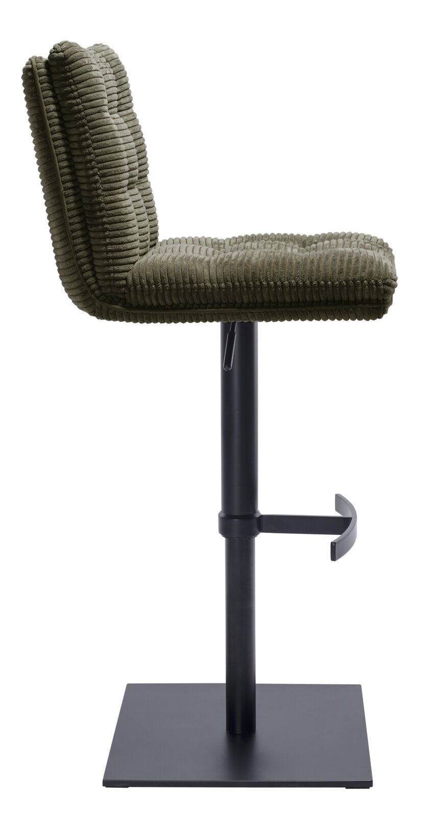 Stylife Barhocker POLLY Seitenansicht eines Barhockers mit grünem, geripptem Polster und schwarzem Metallgestell.