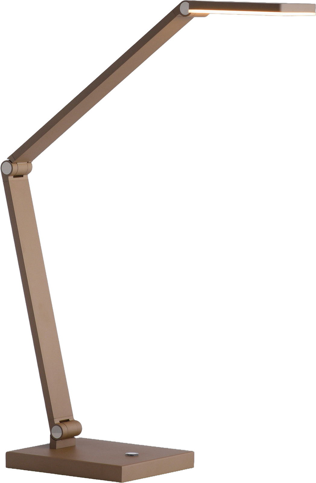 Moderne LED-Tischleuchte in seitlicher Perspektive mit verstellbarem Arm und schlankem Design in Bronzeoptik.