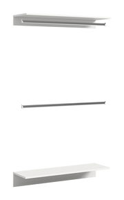 Weißes Zwischenbauelement mit zwei Regalböden und einer Kleiderstange, seitliche Perspektive