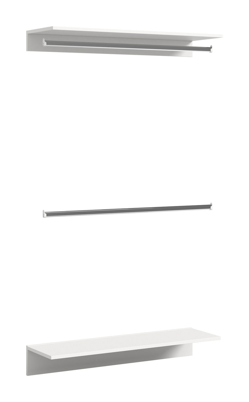 Weißes Zwischenbauelement mit zwei Regalböden und einer Kleiderstange, seitliche Perspektive