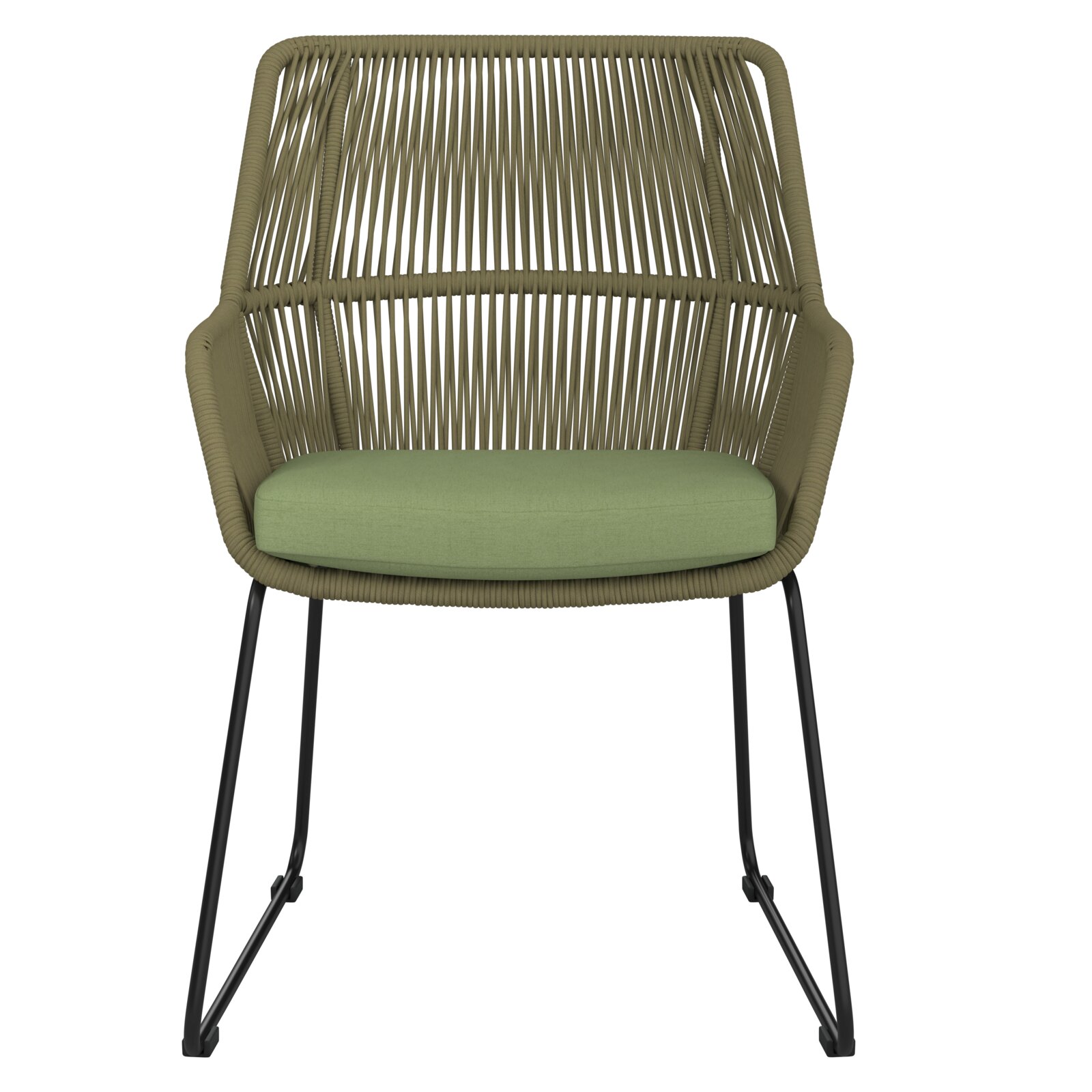 Moderner Gartensessel mit grünem Sitzkissen und geflochtener Rückenlehne, Vorderansicht