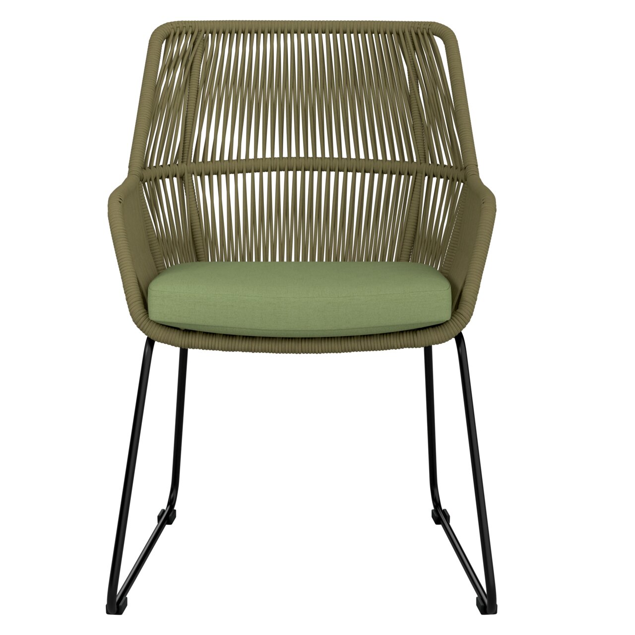 Moderner Gartensessel mit grünem Sitzkissen und geflochtener Rückenlehne, Vorderansicht