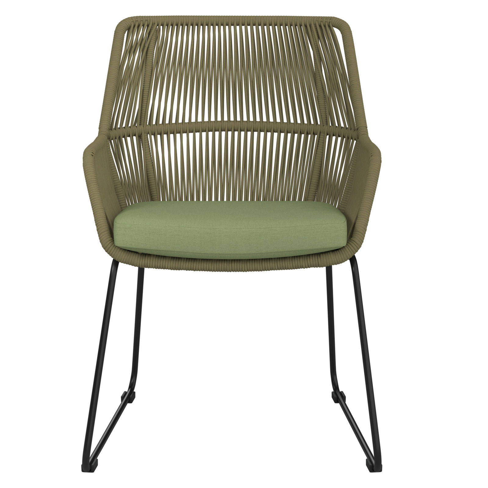 Moderner Gartensessel mit grünem Sitzkissen und geflochtener Rückenlehne, Vorderansicht