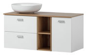 Modernes Waschtisch-Set mit weißem Aufsatzwaschbecken und Holzoptik, Frontansicht