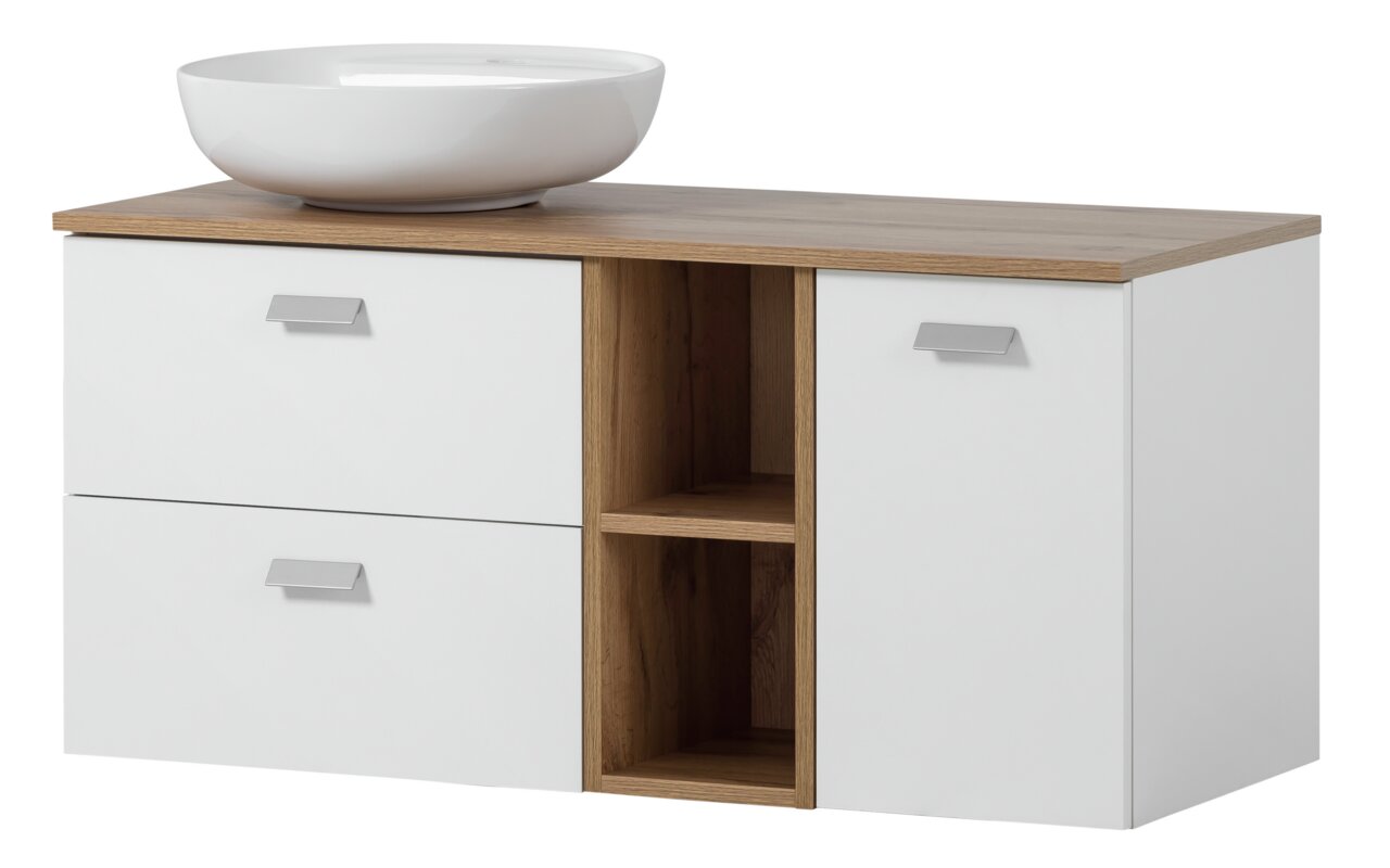 Modernes Waschtisch-Set mit weißem Aufsatzwaschbecken und Holzoptik, Frontansicht