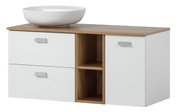 Modernes Waschtisch-Set mit weißem Aufsatzwaschbecken und Holzoptik, Frontansicht