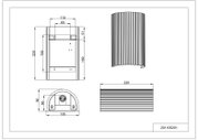 Technische Maßzeichnung eines halbrunden, geriffelten Gehäuses/Abdeckung mit mehreren Ansichten (Front-, Seiten- und Schnittansicht) und Bemaßungen, dargestellt in orthogonaler Perspektive.