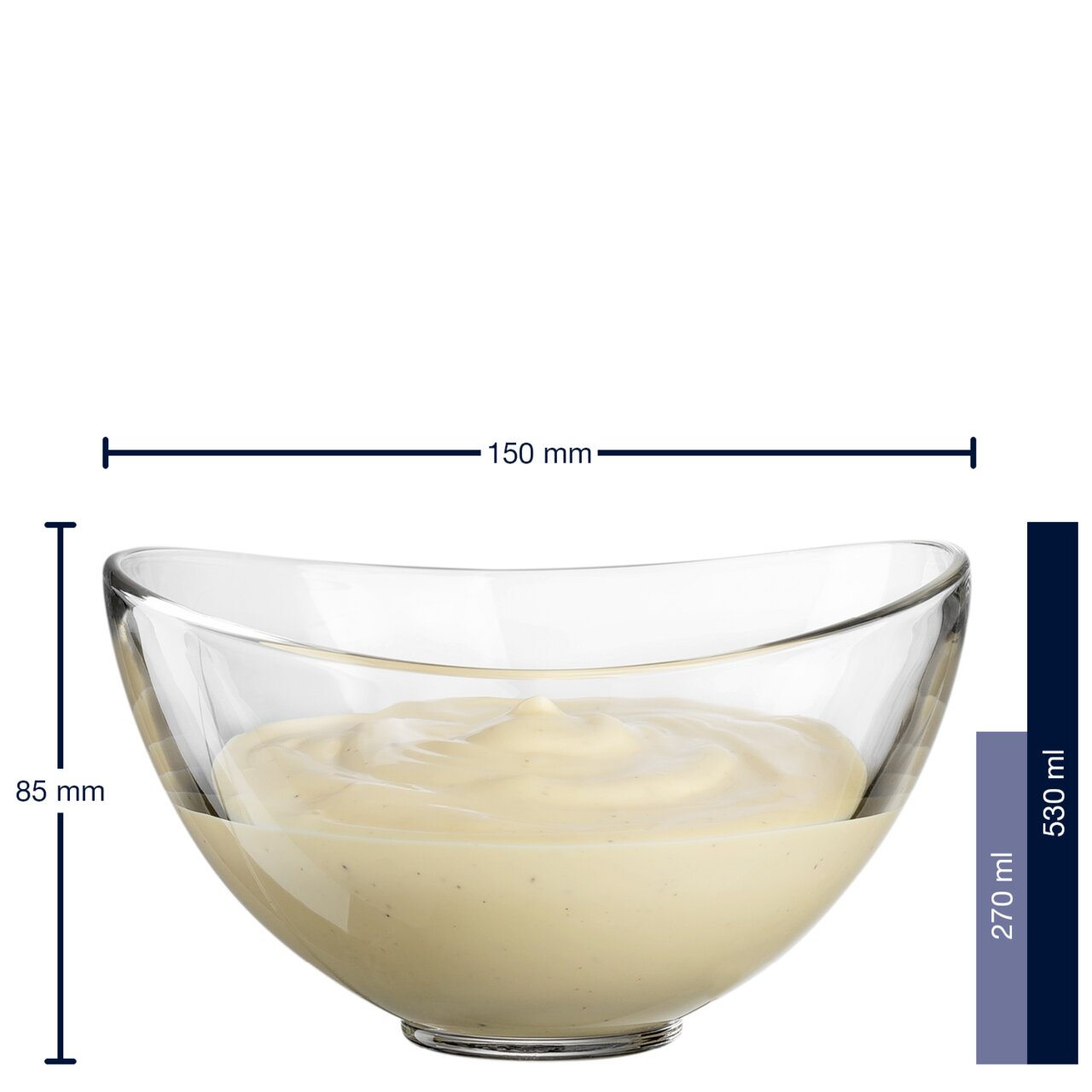 Transparente Müslischale Loop 15cm, gefüllt mit Vanillepudding, seitliche Perspektive