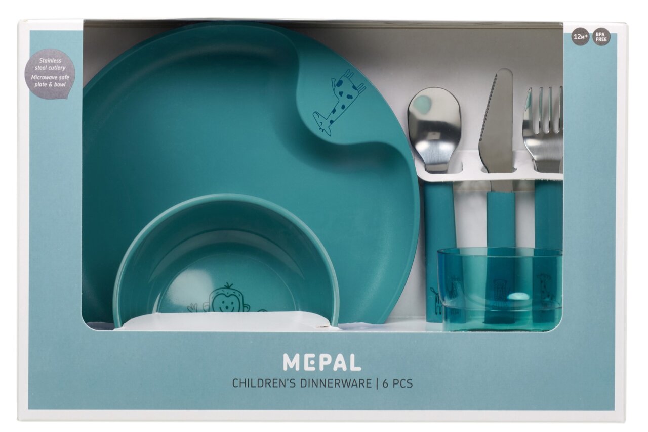 Kindergeschirr-Set 3-teilig Mio in Blau, bestehend aus Teller, Schüssel, Besteck und Becher, in Verpackung von vorne