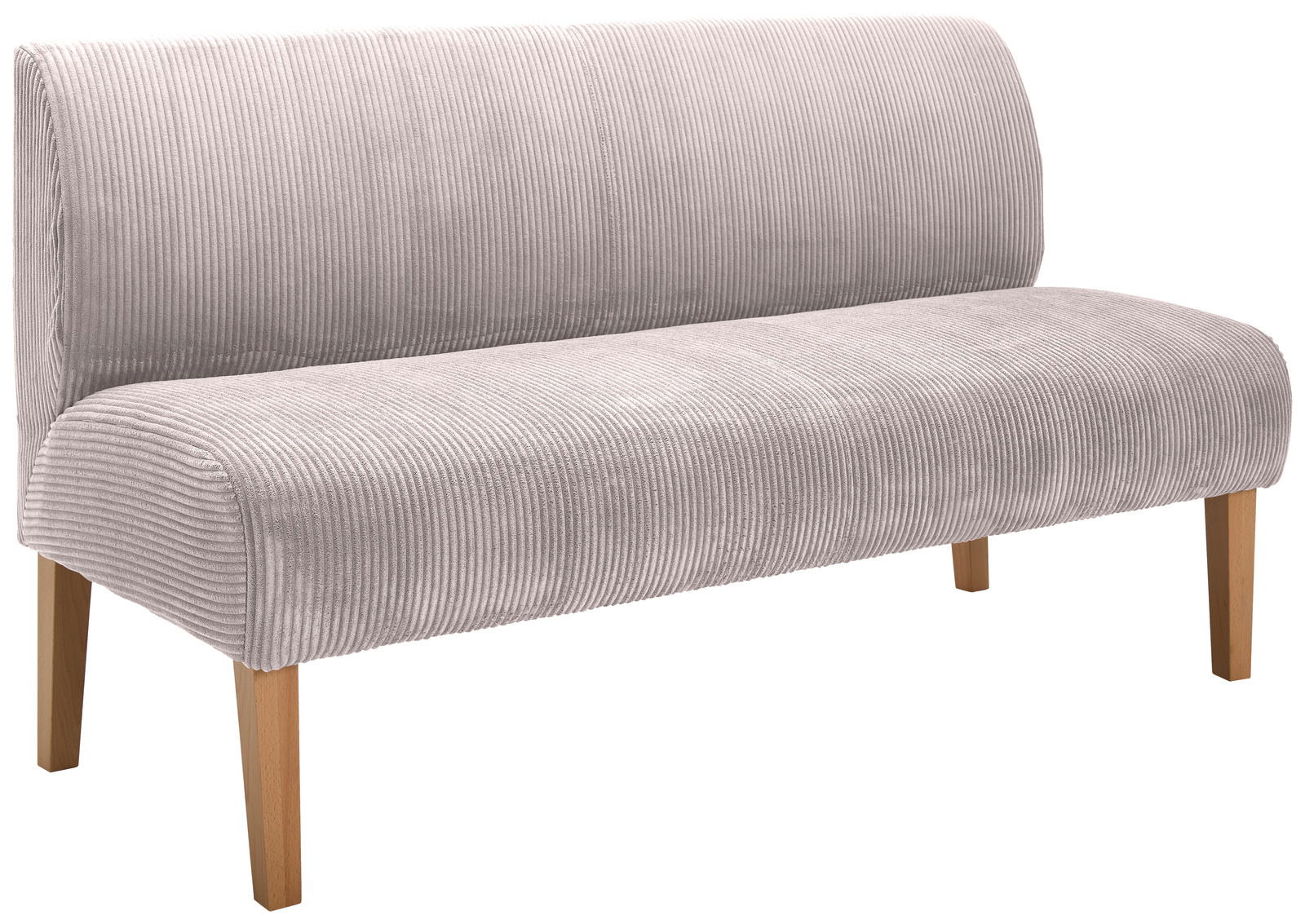 Graue Sitzbank mit Holzbeinen, seitliche Perspektive